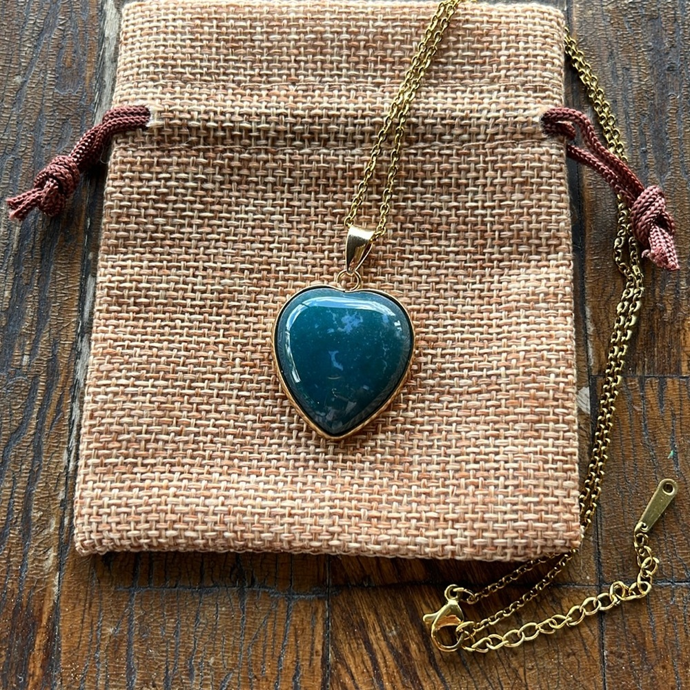 Gold plated Indian Agate Crystal Heart with gold plated Stainless Steel Chain